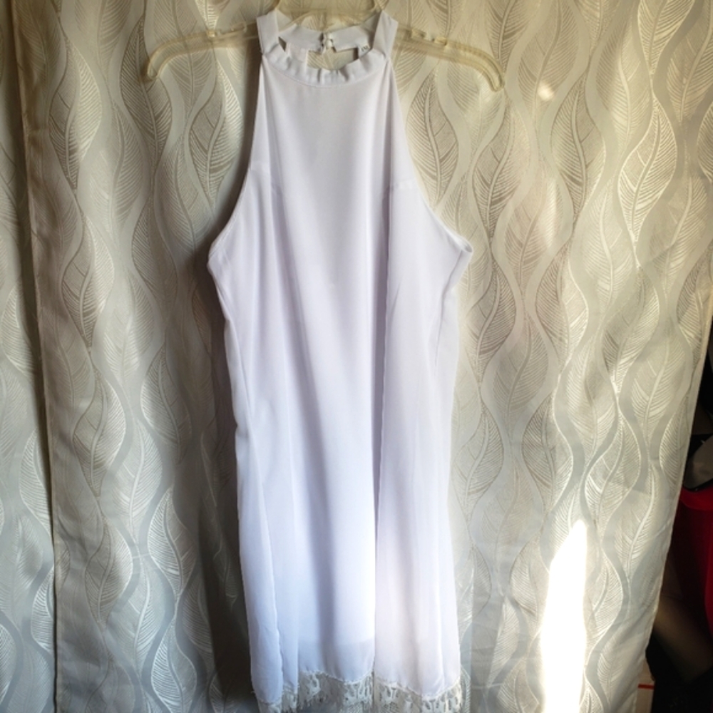 White Halter Shift Keyhole Cutout Lace Hem Shift Mini Dress